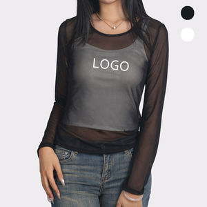 T-shirt d'été pour femmes avec appliques imprimées, manches courtes, maille respirante, maille transparente, coupe ajustée. - Product Image 1