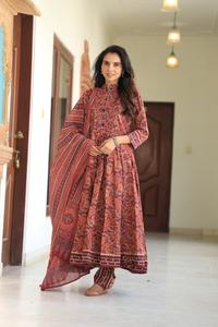 手工印花棉质安拉卡利套装柔软网纱头巾传统女式派对婚礼舞会常规版型双面穿长袍裤 - Product Image 3