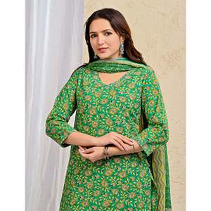 Green <b>Block</b> <b>Printed</b> Cotton Kurta Pant Set Mulmul Dupatta Indian Ethnic Style for Parties Special Occasions Net Fabric Stitched - Product Image 1