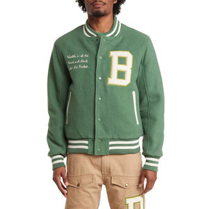 Chaqueta Varsity de Lana Verde para Hombre, con Logotipo B Bordado, Estilo Urbano, Ecológica, Transpirable, Corte Regular, Cuello Alto - Product Image 3