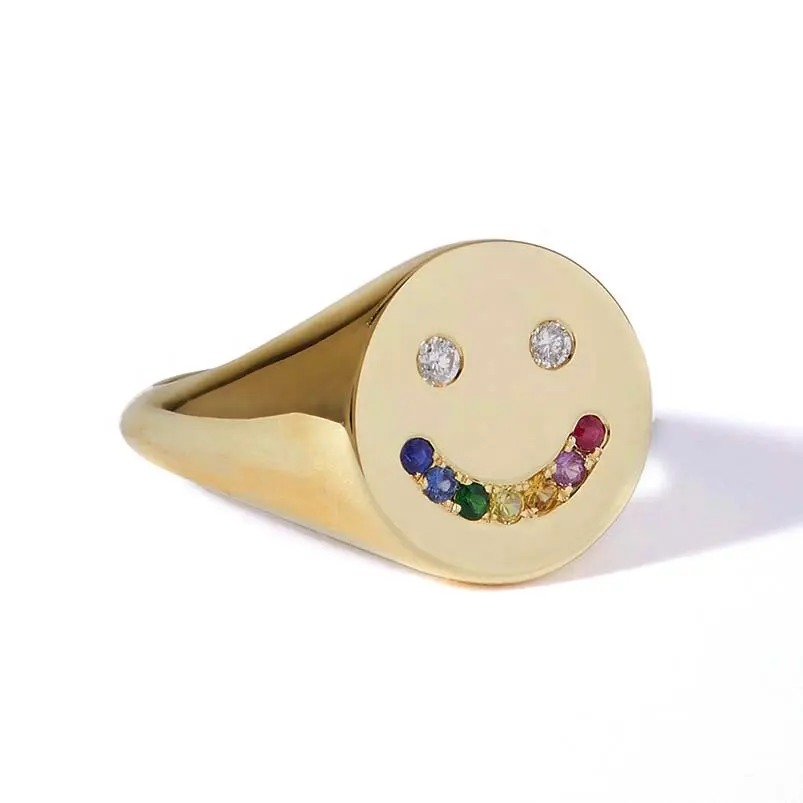 Anel de arco-íris de metal 18k e 18k, joias de alta qualidade com diamantes faciais sorridentes, arco-íris e safiras, anel signet, Gemnel