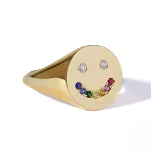 Gemnel high quality 18K gold metal jewelry rainbow smiling face diamonds and sapphires signet ring