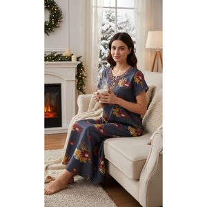 Chemise de nuit longue confortable pour femme Alpine, imprimée, en tissu tissé, manches courtes, longueur intégrale avec poche latérale, taille XL - pour usage domestique - Product Image 4