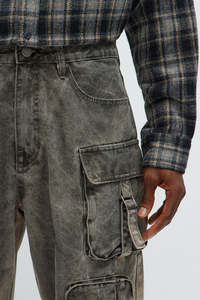 กางเกงยีนส์คาร์โก้ทรงตรงเอวสูงผ้าแคนวาสแบบฟอกสีทรงหลวมพร้อมกระเป๋าข้าง ผ้าหนา ผลิตตามสั่ง - Product Image 4