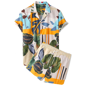 ชุดเสื้อผ้าชายหาดสไตล์ฮาวายสำหรับผู้ชายเสื้อลำลองผ้าฝ้ายสีสันสดใสเทคนิคการถักแบบถักสำหรับฤดูร้อนงาน OEM ตามสั่ง - Product Image 1