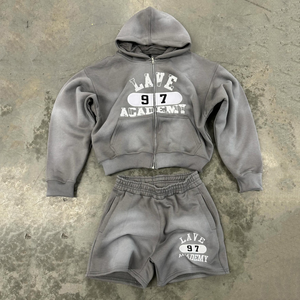 Custom Autumn Terry Print Sun Faded Sweatsuit Tracksuit Baggy Oversize Washed <b>Zip</b> <b>up</b> Sweat Distressed <b>Hoodie</b> Set - Product Image 3