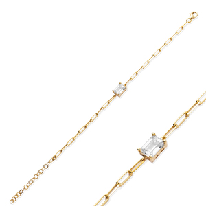 Paperclip Chain Baguette Cut CZ Stone Design Wholesale Turkish Handmade 925 Sterling Silver <b>Charm</b> Bracelet Jewelry - Product Image 1