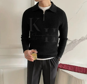 Vente de gros Pull-over en tricot personnalisé à manches longues pour hommes avec logo avant respirant à col rabattu simple pour l'hiver - Product Image 5