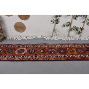 2.6x11.7 ft Turkish Herki Rug, <b>Red</b> Abstract Vintage <b>Wool</b> Rug - Product Image 3