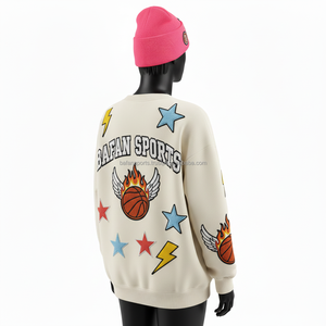 Sweat-shirt pour femmes en molleton de coton GSM, blanc, avec patch brodé, logo personnalisé, design étoiles éclairantes, ailes, sweat-shirts respirants pour femmes - Product Image 5