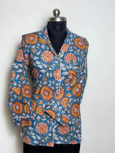Chemise en coton imprimé floral à manches longues pour femmes, imprimé en blocs, bouton en dentelle bleu orange pour printemps/été décontracté ODM - Product Image 6