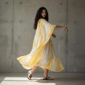 Robe maxi ample en coton 100% écologique pour femmes, tie-dye jaune, style bohème, vêtements de plage d'été - Product Image 4