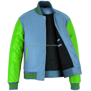 Chaqueta Varsity 2026 OEM Nueva en Lana Azul Cielo con Mangas de Cuero Verde para Hombre, 100% Alta Calidad, MOQ Bajo, Chaquetas Calefactables Hechas a Medida - Product Image 3