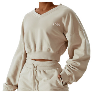 Sudadera Deportiva Personalizada para Gimnasio, Top Corto Holgado con Cuello en V, Color Sólido, Informal, de Manga Larga para Mujer - Product Image 2