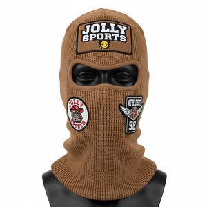 Balaclava en tricot acrylique de haute qualité, texture côtelée douce, couleur marron, trois panneaux, ajustement parfait avec logo brodé personnalisé, balaclava pour hommes - Product Image 1