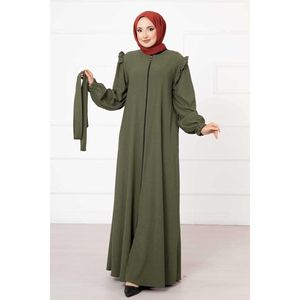 Abaya Nida kaki avec détail à volants élégants sur l'épaule Hijab décontracté au design simple pour femme pour la saison été hiver Tailles XS XXL - Product Image 4