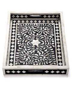 Plateau rond noir et blanc fait à la main en incrustation d'os plateau de service en MDF de résine écologique de taille personnalisée avec décor de perles pour un usage domestique - Product Image 5