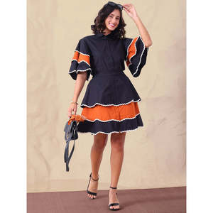 Conjunto de Vestido y Falda de Algodón con Bloques de Color para Mujer Deebaco, Mangas con Volantes, Cuello Camisero, Largo por Encima de la Rodilla, Estilo Casual - Product Image 1