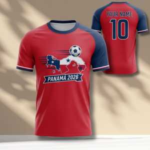 Maglia da Tifoso Unisex per i Mondiali di Calcio 2026 in Panama, Design con Bandiera Rossa, Bianca e Blu, T-Shirt da Calcio per il Giorno della Partita - Product Image 1