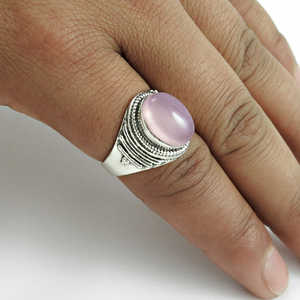 Bague en argent sterling 925 massif avec pierre précieuse en quartz rose naturel de forme ovale, bijoux bohèmes faits à la main pour femmes - Product Image 3