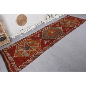 2.8x10.3 ft Vintage Rug, Turkish <b>Runner</b> Rug, <b>Red</b> Orange Solid Wool Rug - Product Image 2
