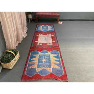 Vintage <b>Runner</b> Rug 2.7x9.7 ft, Turkish Herki <b>Red</b> Abstract Wool Rug - Product Image 4