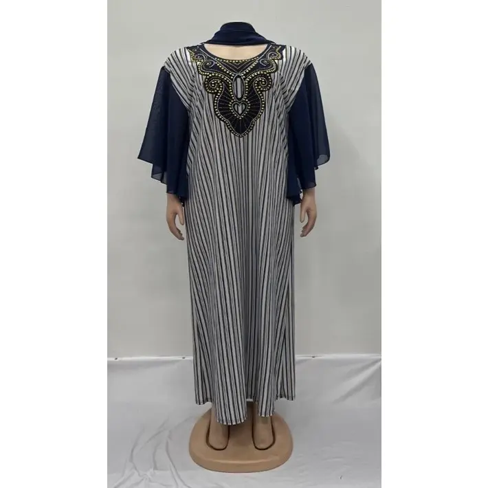 Bejeweled Navy Striped Dress with Wide Sleeves and Scarf Washable Print O-Neck Maxi Standard Casual Dresses
