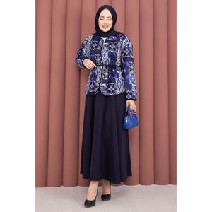 Conjunto de Chaqueta y Falda con Estampado Étnico Azul Marino para Mujer, Diseño Floral Sólido, Estilo Oficina, Crepé, Ropa Deportiva, Blazer Corto de Verano, Talla XL - Product Image 4