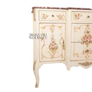 Console classique en bois peinte à la main avec plateau en marbre, détails floraux, élégante console de rangement de luxe - Product Image 3