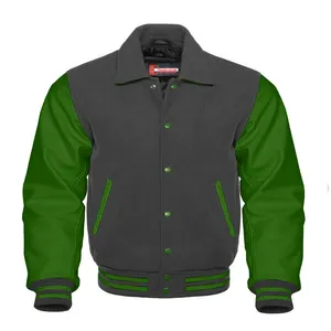 Latest Style OEM Good Design Winter Outwear Bomber Jackets/Custom Embroidery Grey Wool & Green Real Leather Collared Varsity Ja