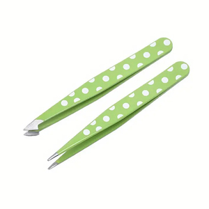 Pinzas de cejas de acero inoxidable de precisión con puntos verdes para el cuidado de la belleza - Product Image 1