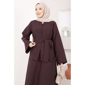 Ensemble jupe et veste décontracté asymétrique boutonné doré avec ceinture, couleur prune - Product Image 2