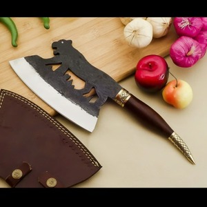 Cuchillo de carnicero para carne hecho a mano, cuchillo de carnicero de acero al carbono, mango de refuerzo de latón de madera, Funda de cuero, cuchillos de cocina OEM de grado DIY - Product Image 2