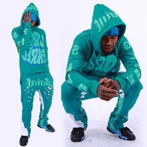 Jogger chándal para hombre Puff estampado algodón chándal suelto entrenamiento Flare pantalones de chándal sudaderas con capucha Jogger sudaderas con capucha conjunto para hombres - Product Image 1