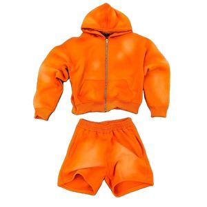 Ensemble sweat-shirt et short en coton épais imprimé effet délavé pour homme et femme – Style streetwear vintage personnalisé - Product Image 1