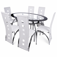 Ensemble de table à manger moderne avec 6 chaises, plateau ovale en verre, pieds en métal chromé, chaises en cuir PU blanc, restaurant, hôtel, maison, cuisine
