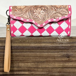 Cartera de Mano de Cuero con Diseño Floral Rosa y Cuadros, Hecha a Mano, con Protección RFID, Cartera Larga de Cuero Vacuno para Mujer, 2025 - Product Image 1