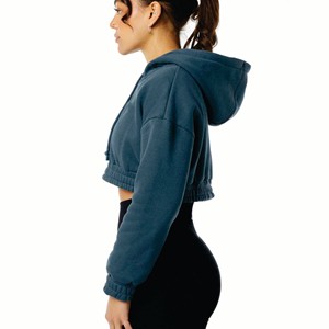 Parche bordado personalizado con diamantes de imitación y cremallera recortada, de lana Sudadera con capucha, pantalones de pierna recta, conjunto de chándal recortado para mujer - Product Image 3