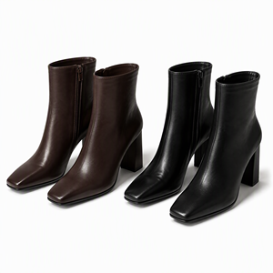 Botines de Mujer de Cuero Genuino con Punta Cuadrada, Tacón Grueso, Cremallera Lateral, Zapatos de Vestir de Otoño, Entresuela de PU, Suela de PVC - Product Image 1