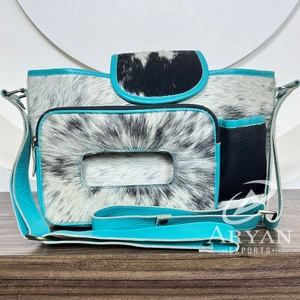 Custom Cowhide Leather Multifunction Stroller <b>Bag</b> for Moms Hair-on Hide <b>Nappy</b> Organizer with Multiple Pockets & Adjustable Strap - Product Image 1