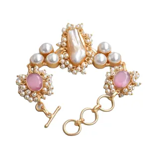 天然珍珠手镯水晶淡水珍珠手工独特设计师镀金珍珠手镯