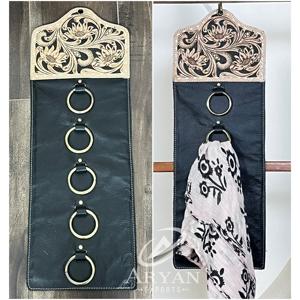 Organisateur de foulards et de chiffons en cuir véritable de qualité supérieure, fait à la main, avec des motifs floraux et un design multi-anneaux, décoration rustique de style western - Product Image 1