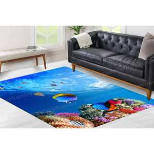 Tapis imprimé patchwork en laine motif poissons sous-marins - Tapis gobelin décoratif côtier animaux marins avec envers en latex écologique - Product Image 2