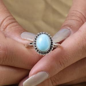 Top Class 925 Sterling Silver <b>Fine</b> <b>Ring</b> Genuine Republic 8x10MM Larimar Oval Cabochon Beaded Dainty Minimalist Classic Parties - Product Image 4