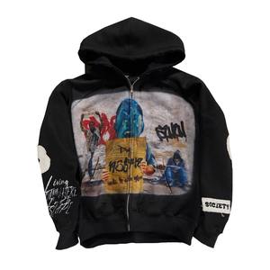 Custom Streetwear Graphic Cotton Distressed Acid Wash <b>Zip</b> <b>up</b> Double Waist Sweatpants and <b>Hoodie</b> Set Manufacturers tracksuit - Product Image 2