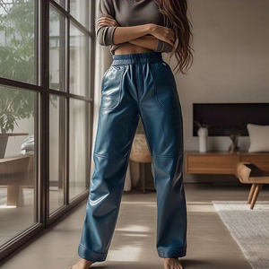 กางเกงสตรีทเอวสูงทำจากหนัง PU, กางเกงเอวสูงสำหรับกิจกรรมกลางแจ้งกางเกงหนัง PU มีกระดุมสำหรับผู้หญิง - Product Image 2