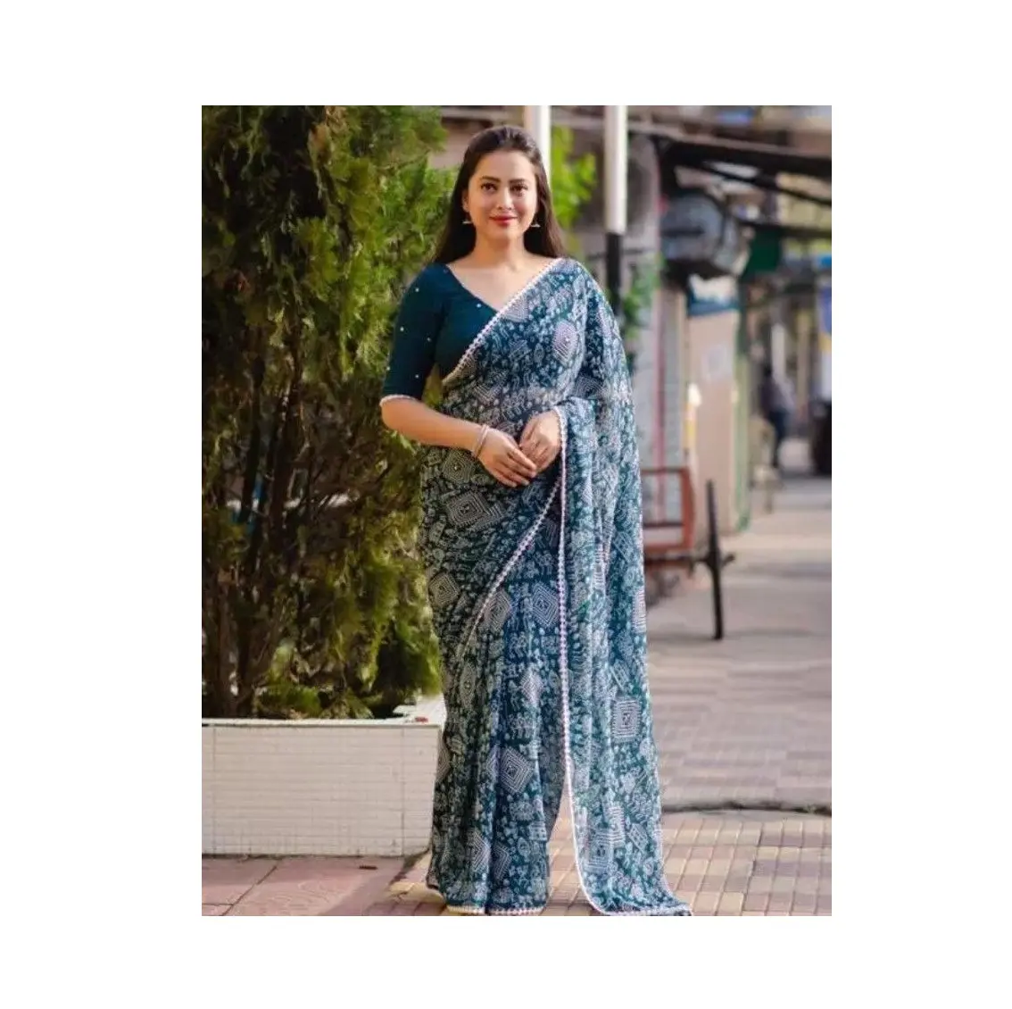 FULPARI Top Selling Georgette Fabric Full Printed Womens Sarees with GPO Lase Border and Full Mirror Work Blouse from India