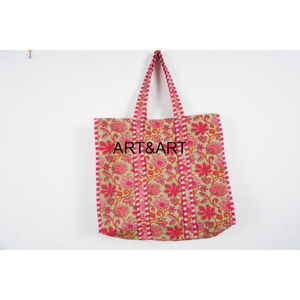 Bolso de compras de playa ligero de algodón Floral ecológico bolso de mano acolchado con estampado de bloques hecho a mano con bolsillo interior práctico - Product Image 2