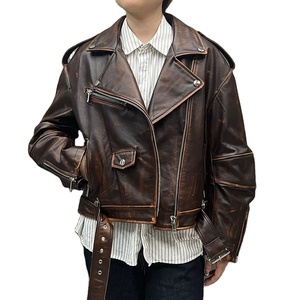 Wholesale Women's Winter Jacket in Youth Fashion New Coming Distressed Motorbike Leather Jacket Women Genuine <b>Cow</b> Leather Jacket - Product Image 6