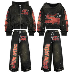 Conjunto de Sudadera con Capucha y Pantalones Deportivos para Hombre, Estilo Vintage Lavado, Fabricante de Trajes Deportivos, Lavado Ácido, Cierre de Cremallera, Impresión DTG - Product Image 1